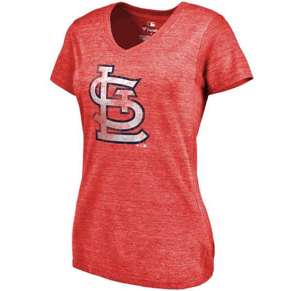 Women's St. Louis Cardinals Fanatics Branded Primary Distressed Team Tri Blend V Neck T-Shirt Heathered Red FengYun